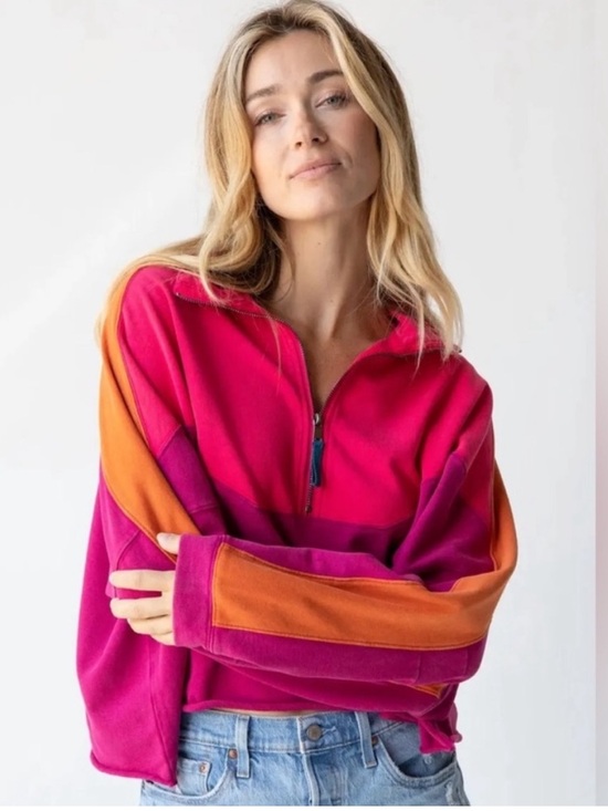 NATURAL LIFE Tops - Natural Life Jess Colorblock 1/4 Zip Cotton Pullover Hot Pink XL
